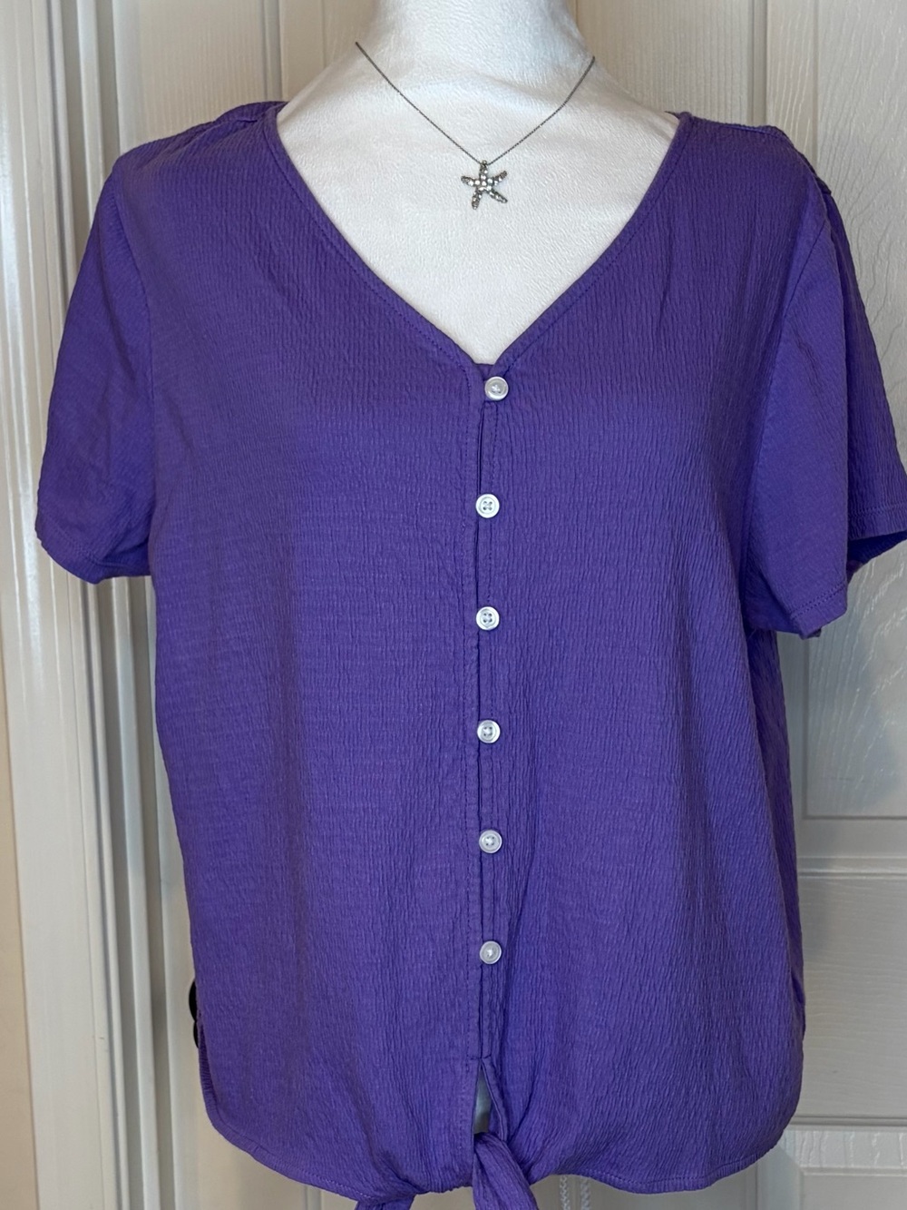 Talbots Purple Short-Sleeve Button Front Tie Hem Top